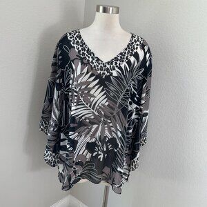 Kim Gravel Belle Womens Plus 2X‎ Poncho Black Gray Jungle Leopard Tunic Top